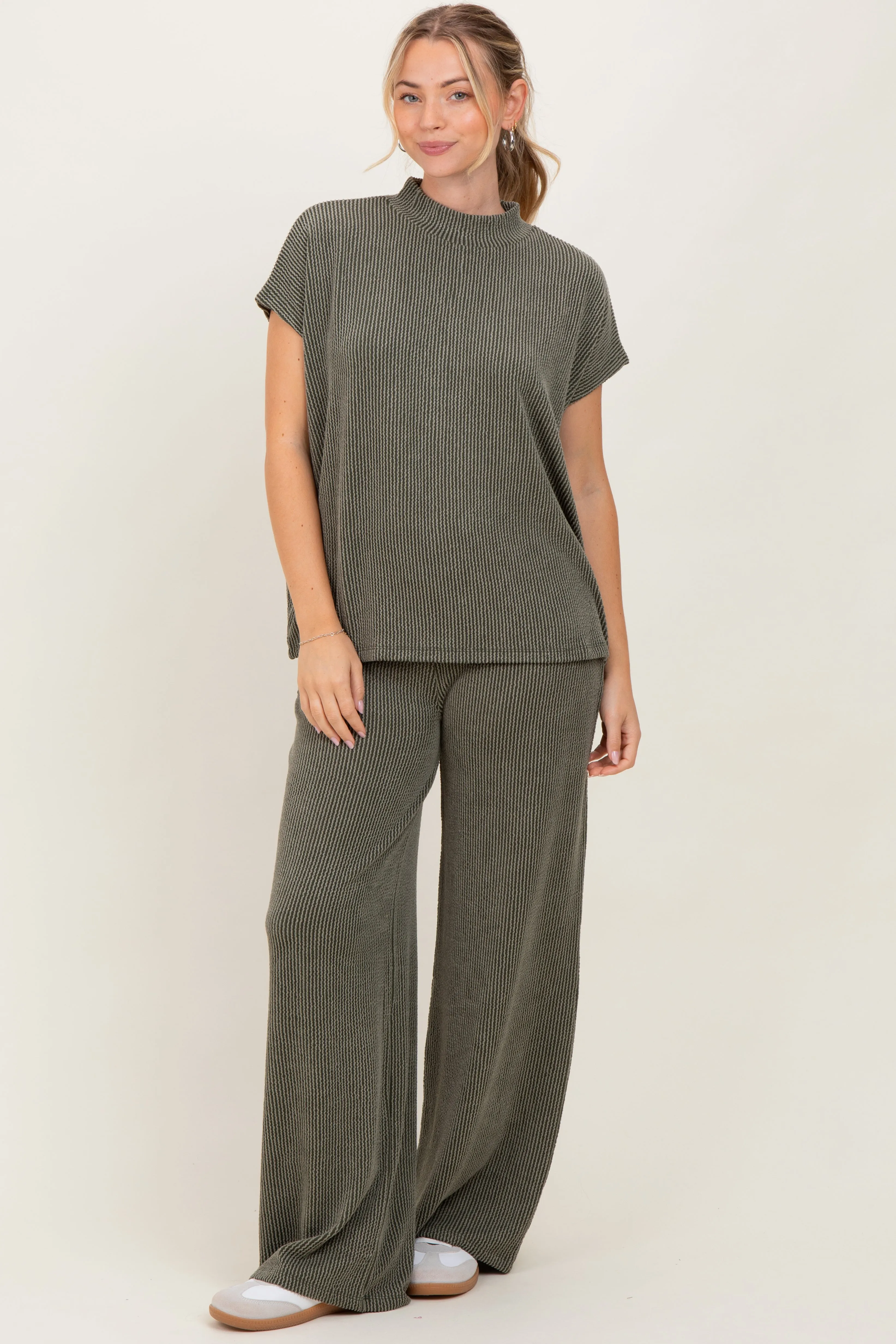Olive Textured Rib Mock Neck Short Sleeve Pant Set sold by Pinkblush product image thumbnail 2