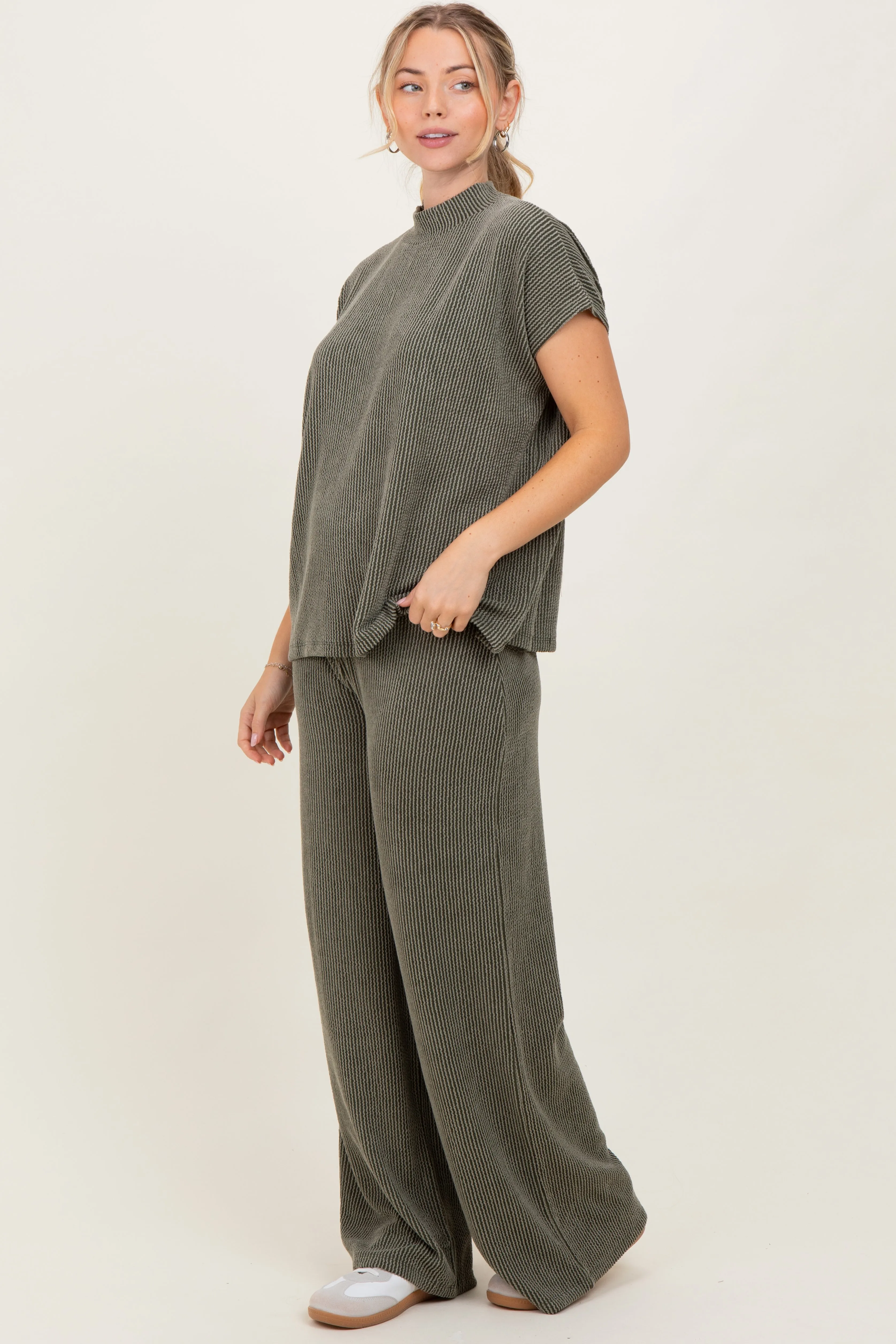 Olive Textured Rib Mock Neck Short Sleeve Pant Set sold by Pinkblush product image thumbnail 3