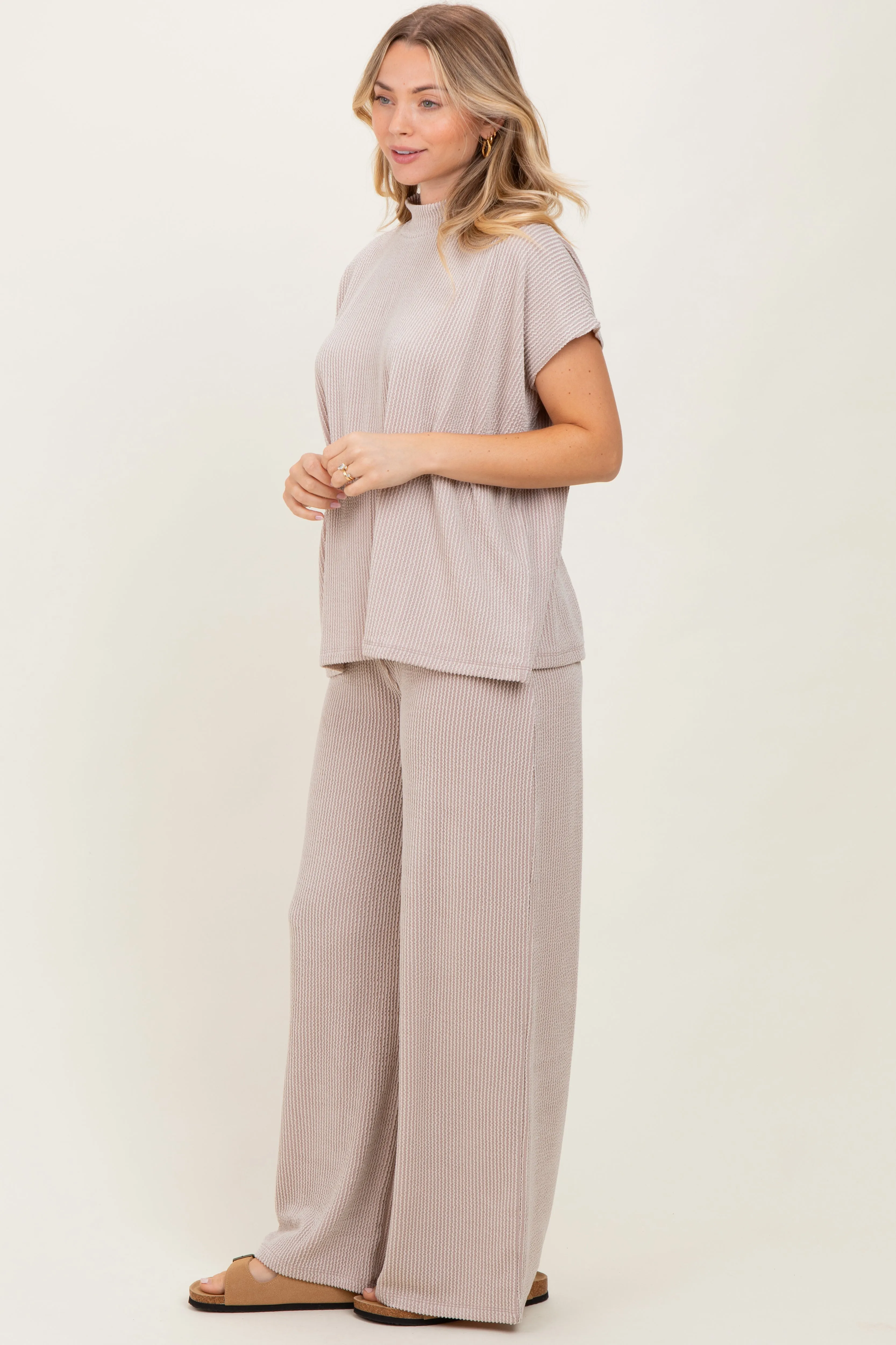 Cream Textured Rib Mock Neck Short Sleeve Pant Set sold by Pinkblush product image thumbnail 3