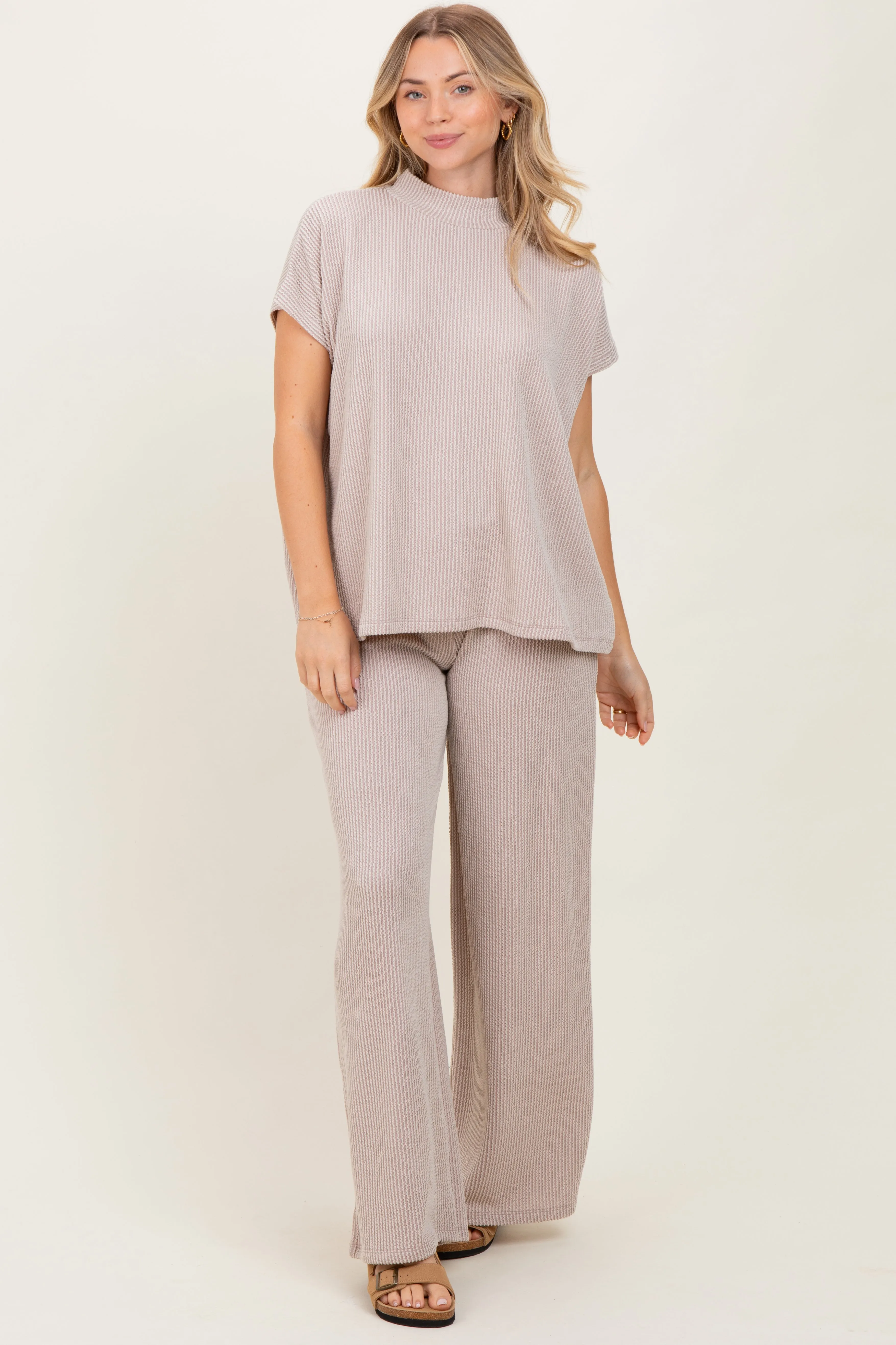 Cream Textured Rib Mock Neck Short Sleeve Pant Set sold by Pinkblush product image thumbnail 2