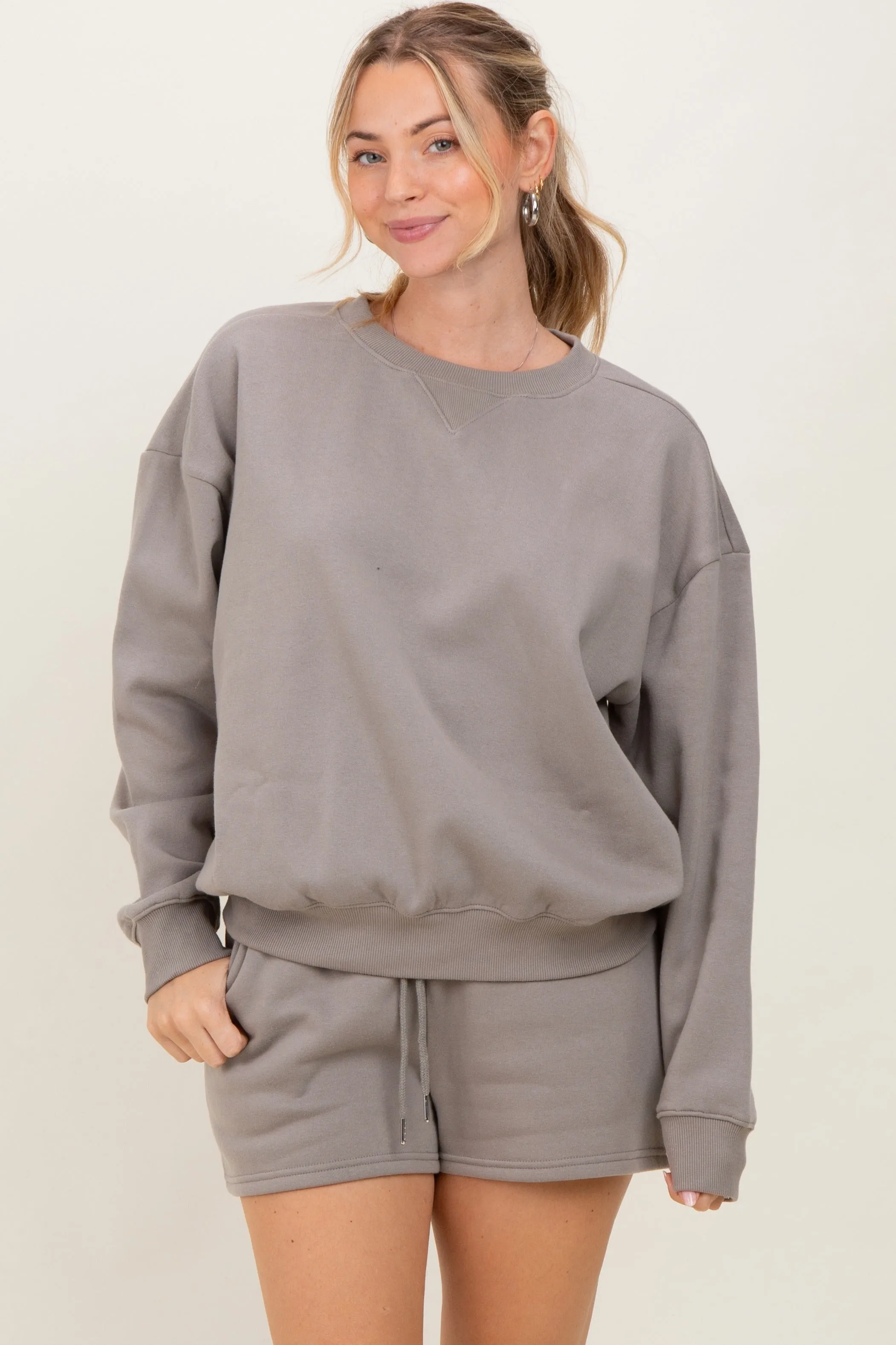 Taupe Fleece Sweatshirt Shorts Set sold by Pinkblush