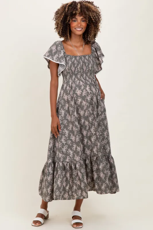 Olive Floral Smocked Lace Trim Flutter Sleeve Maternity Midi Dress sold by Pinkblush