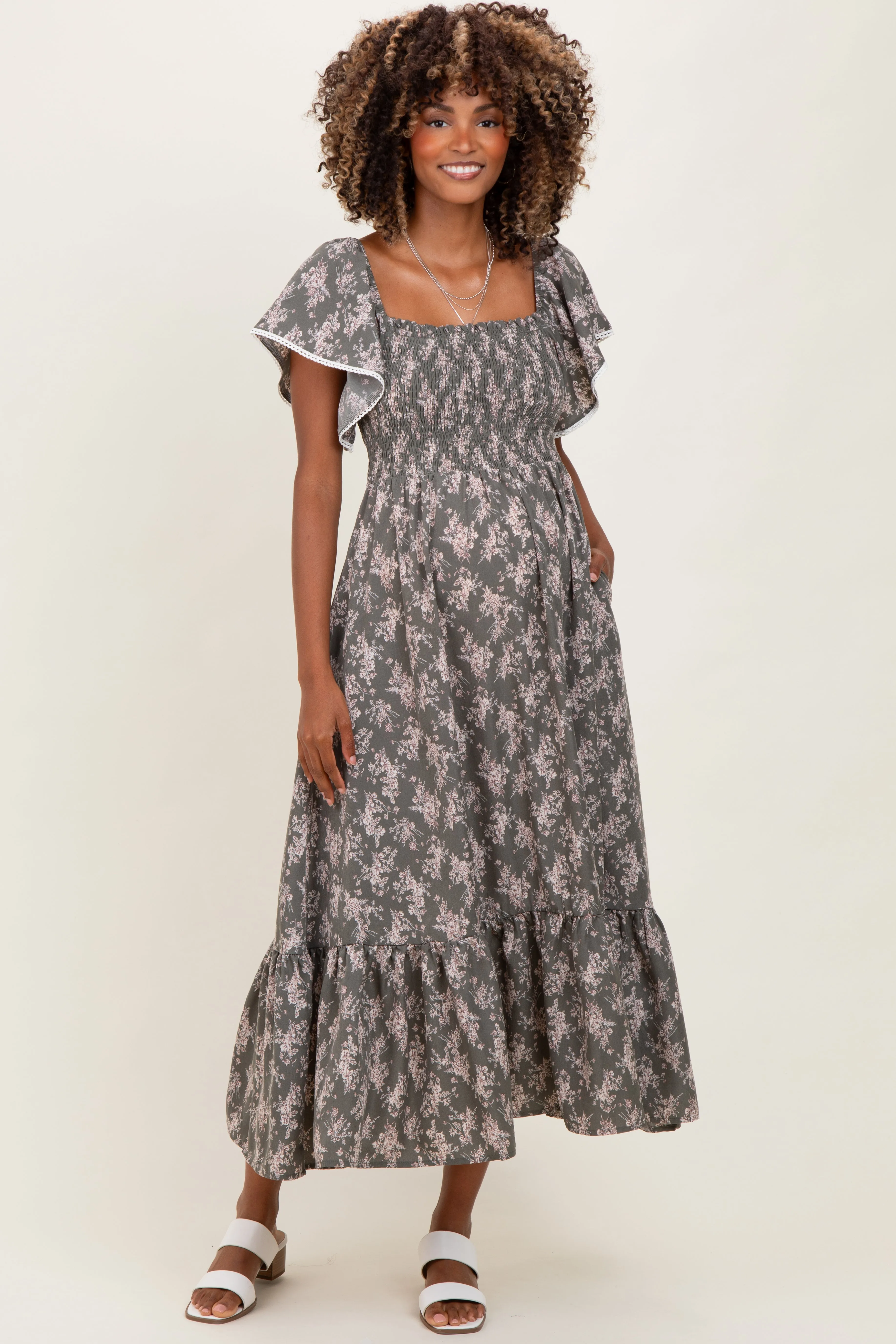 Olive Floral Smocked Lace Trim Flutter Sleeve Maternity Midi Dress sold by Pinkblush