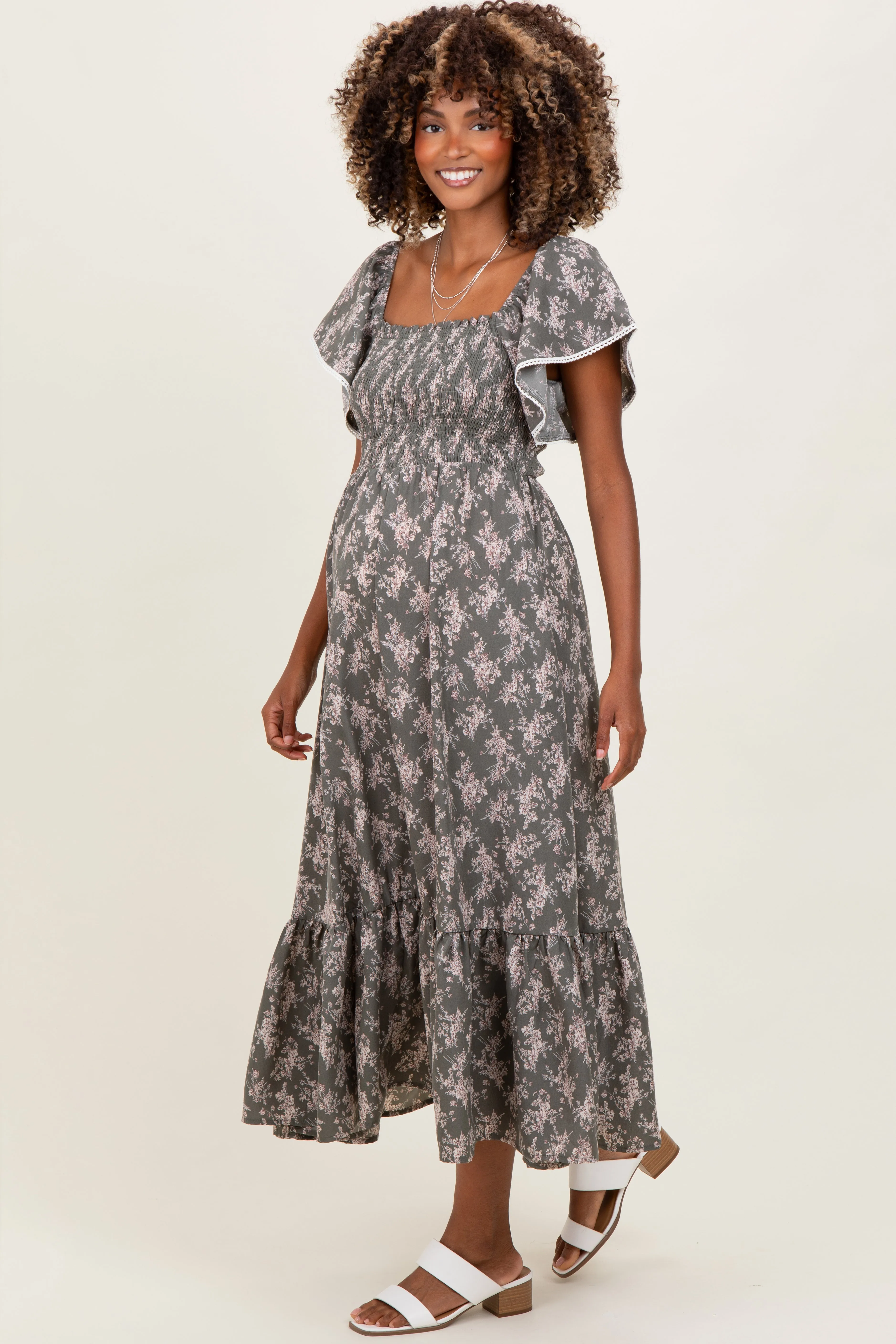 Olive Floral Smocked Lace Trim Flutter Sleeve Maternity Midi Dress sold by Pinkblush product image thumbnail 2