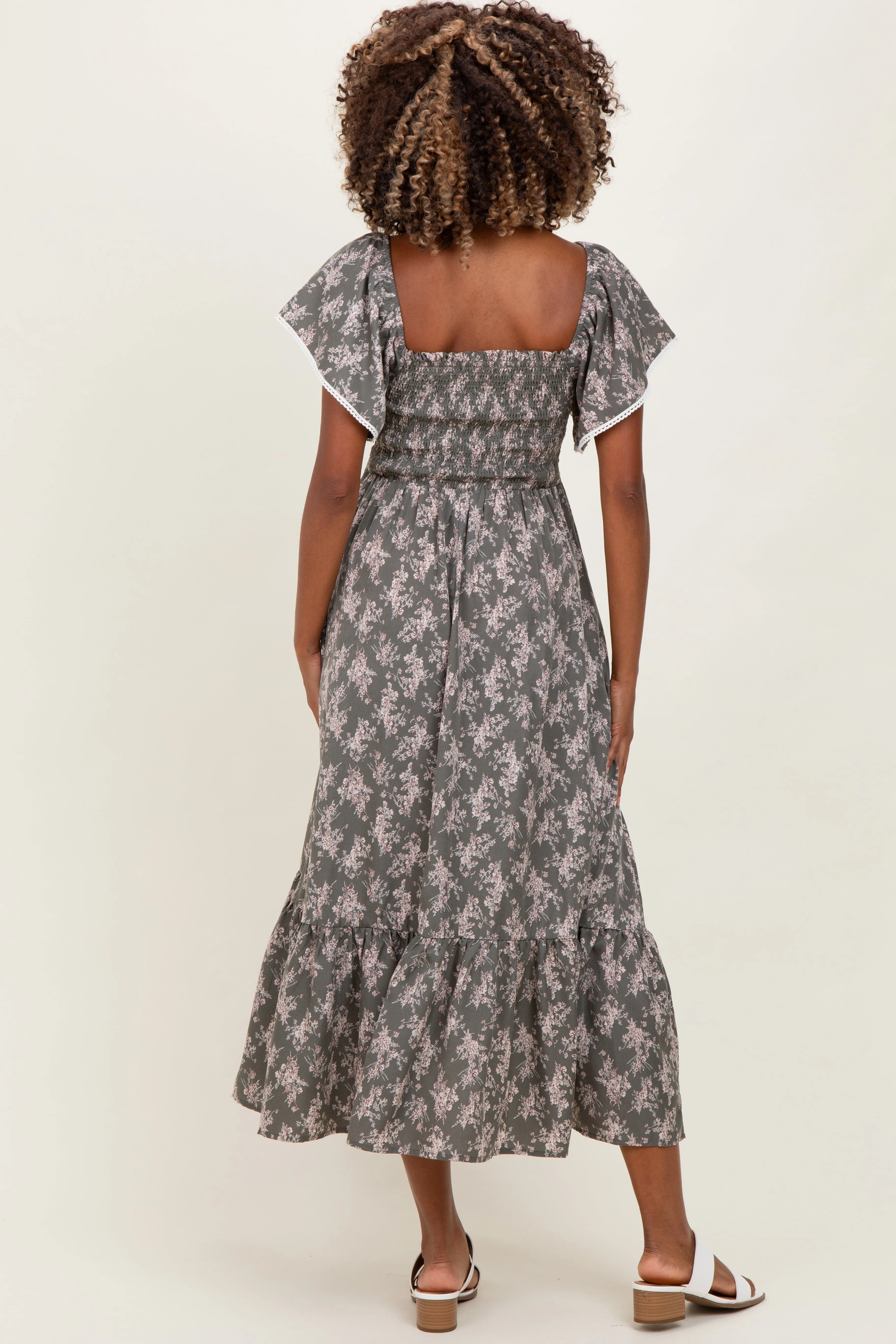 Olive Floral Smocked Lace Trim Flutter Sleeve Maternity Midi Dress sold by Pinkblush product image thumbnail 3