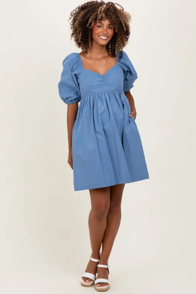 Blue Sweetheart Neckline Puff Sleeve Maternity Dress sold by Pinkblush product image thumbnail 2