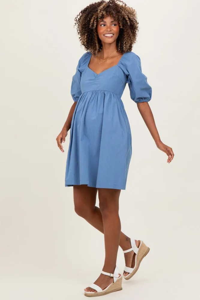 Blue Sweetheart Neckline Puff Sleeve Maternity Dress sold by Pinkblush product image thumbnail 3
