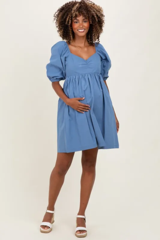 Blue Sweetheart Neckline Puff Sleeve Maternity Dress sold by Pinkblush
