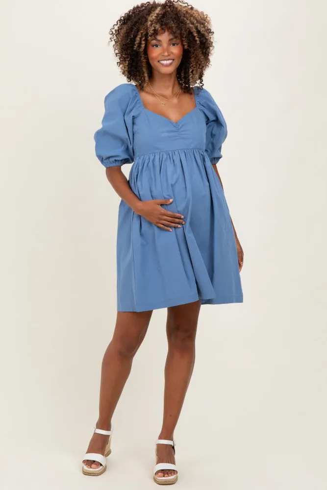Blue Sweetheart Neckline Puff Sleeve Maternity Dress sold by Pinkblush