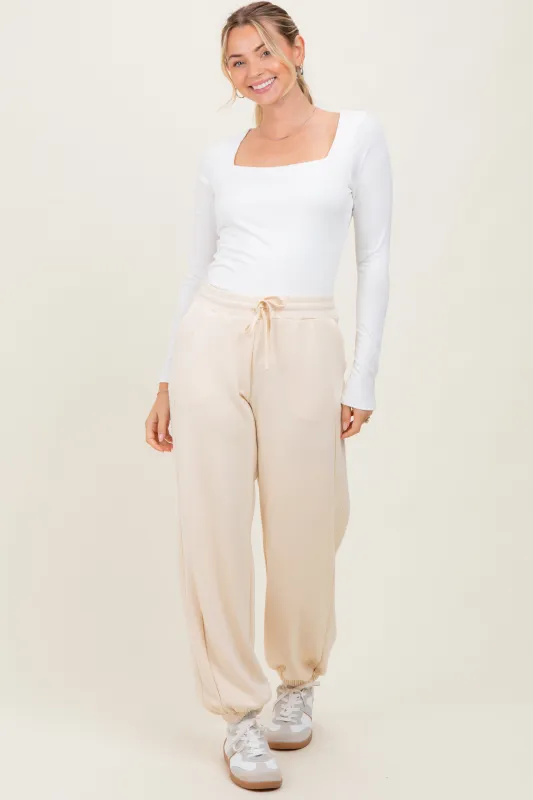 Cream Scuba Drawstring Waist Relaxed Jogger Sweatpants sold by Pinkblush