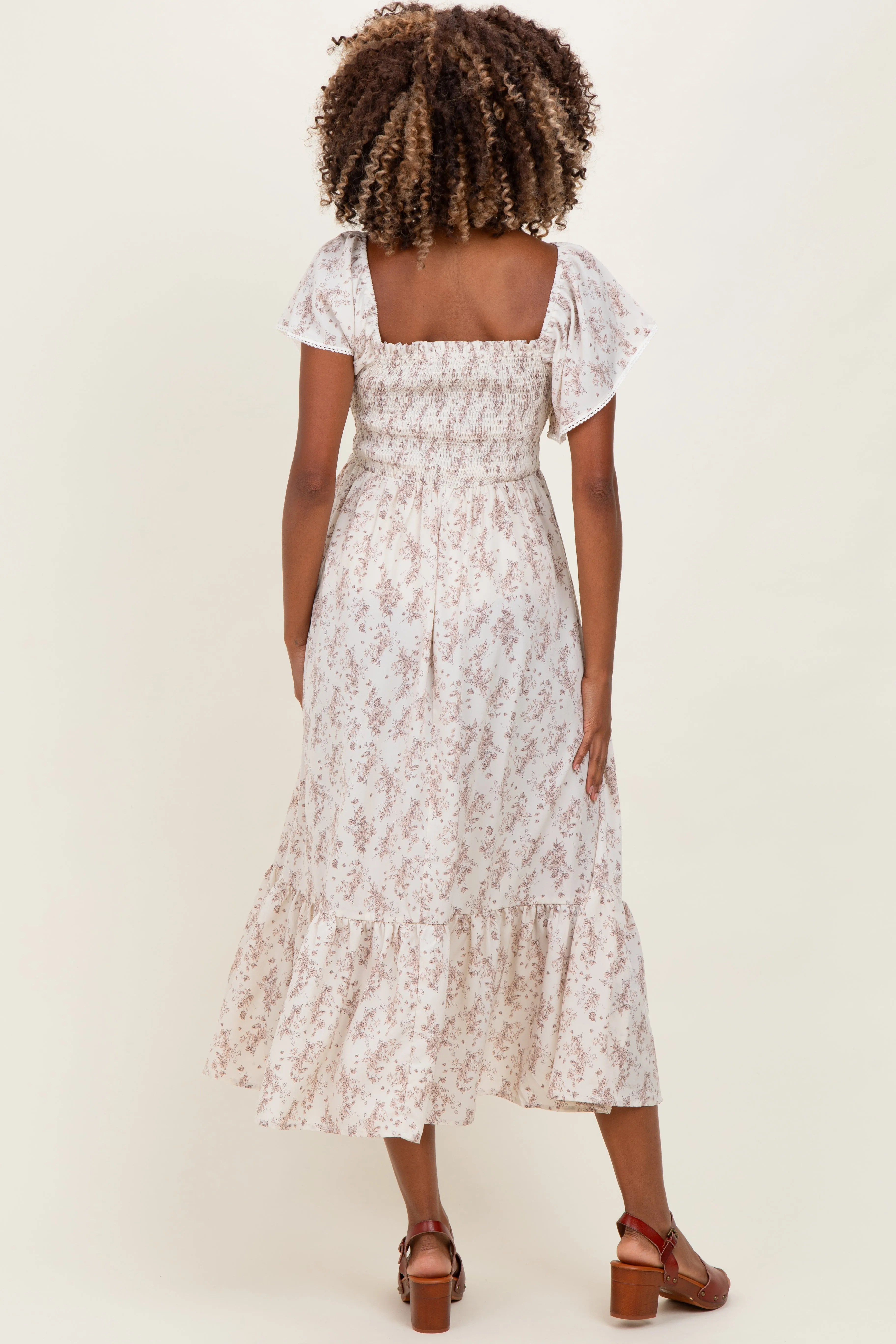 Cream Floral Smocked Lace Trim Flutter Sleeve Maternity Midi Dress sold by Pinkblush product image thumbnail 2