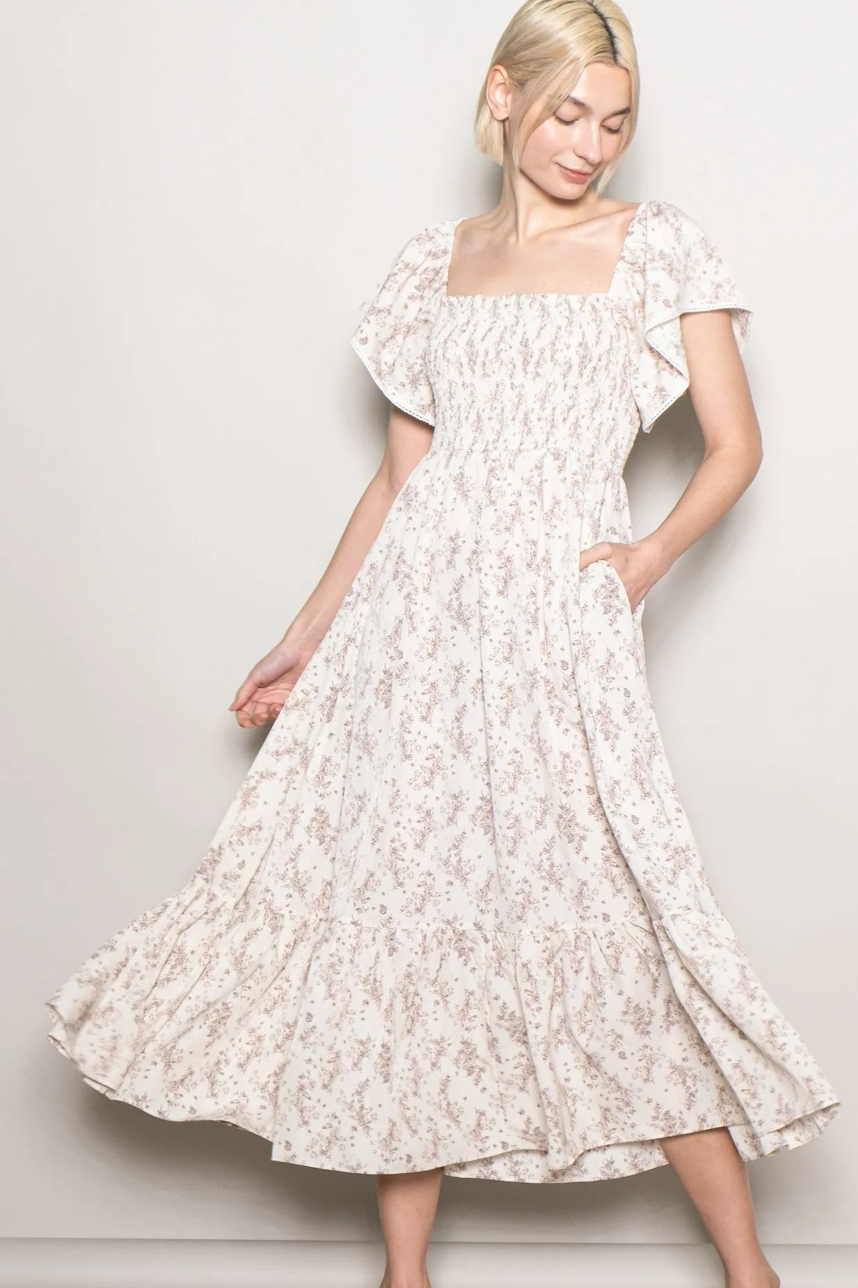 Cream Floral Smocked Lace Trim Flutter Sleeve Maternity Midi Dress sold by Pinkblush product image thumbnail 3
