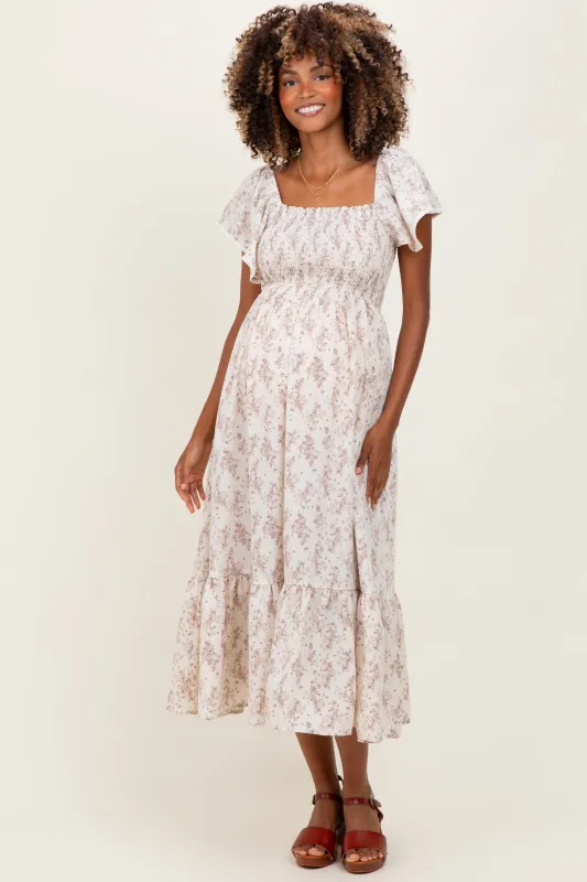 Cream Floral Smocked Lace Trim Flutter Sleeve Maternity Midi Dress sold by Pinkblush