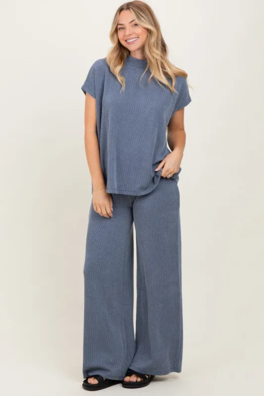 Blue Textured Rib Mock Neck Short Sleeve Pant Set sold by Pinkblush