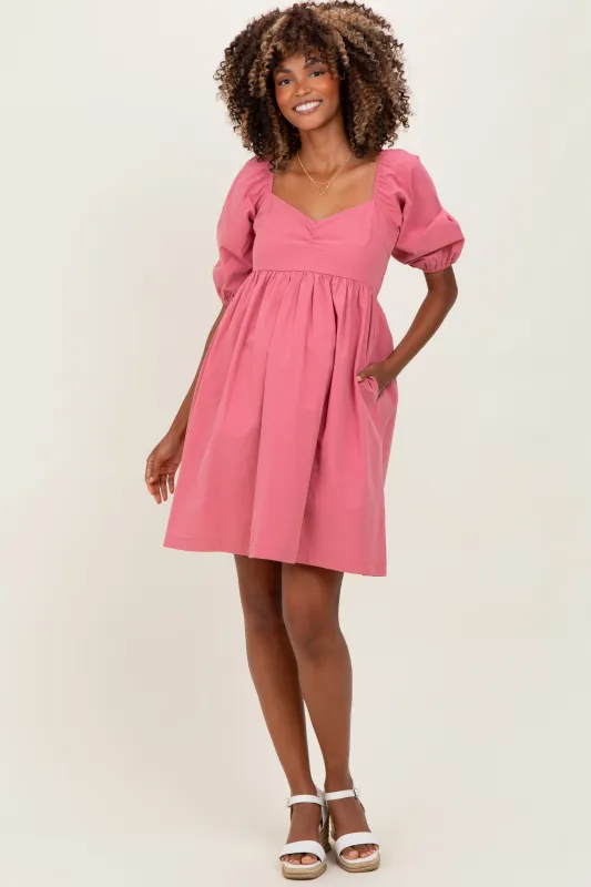 Mauve Sweetheart Neckline Puff Sleeve Maternity Dress sold by Pinkblush