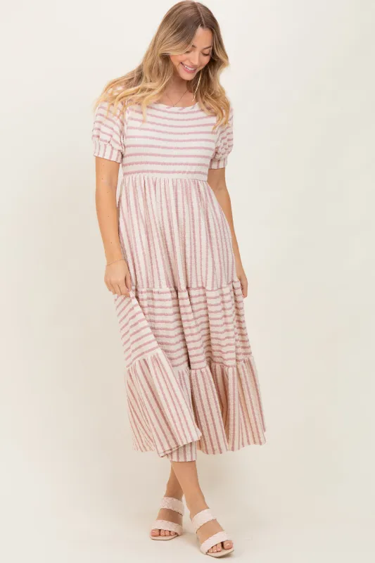 Cream/Mauve Striped Short Sleeve Tiered Maxi Dress sold by Pinkblush