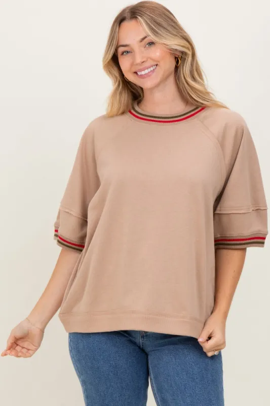 Beige Contrast Trim Short Sleeve Pullover sold by Pinkblush