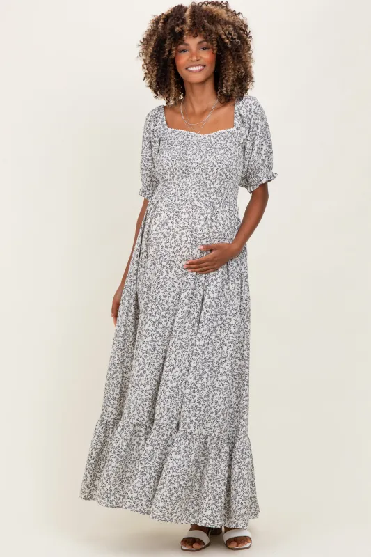 Ivory Floral Lace Trim Smocked Maternity Maxi Dress sold by Pinkblush