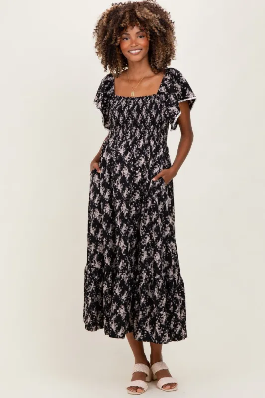 Black Floral Smocked Lace Trim Flutter Sleeve Maternity Midi Dress sold by Pinkblush