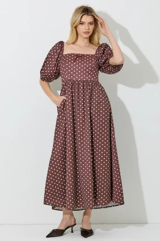 Brown Polka Dot Square Neck Midi Dress sold by Pinkblush