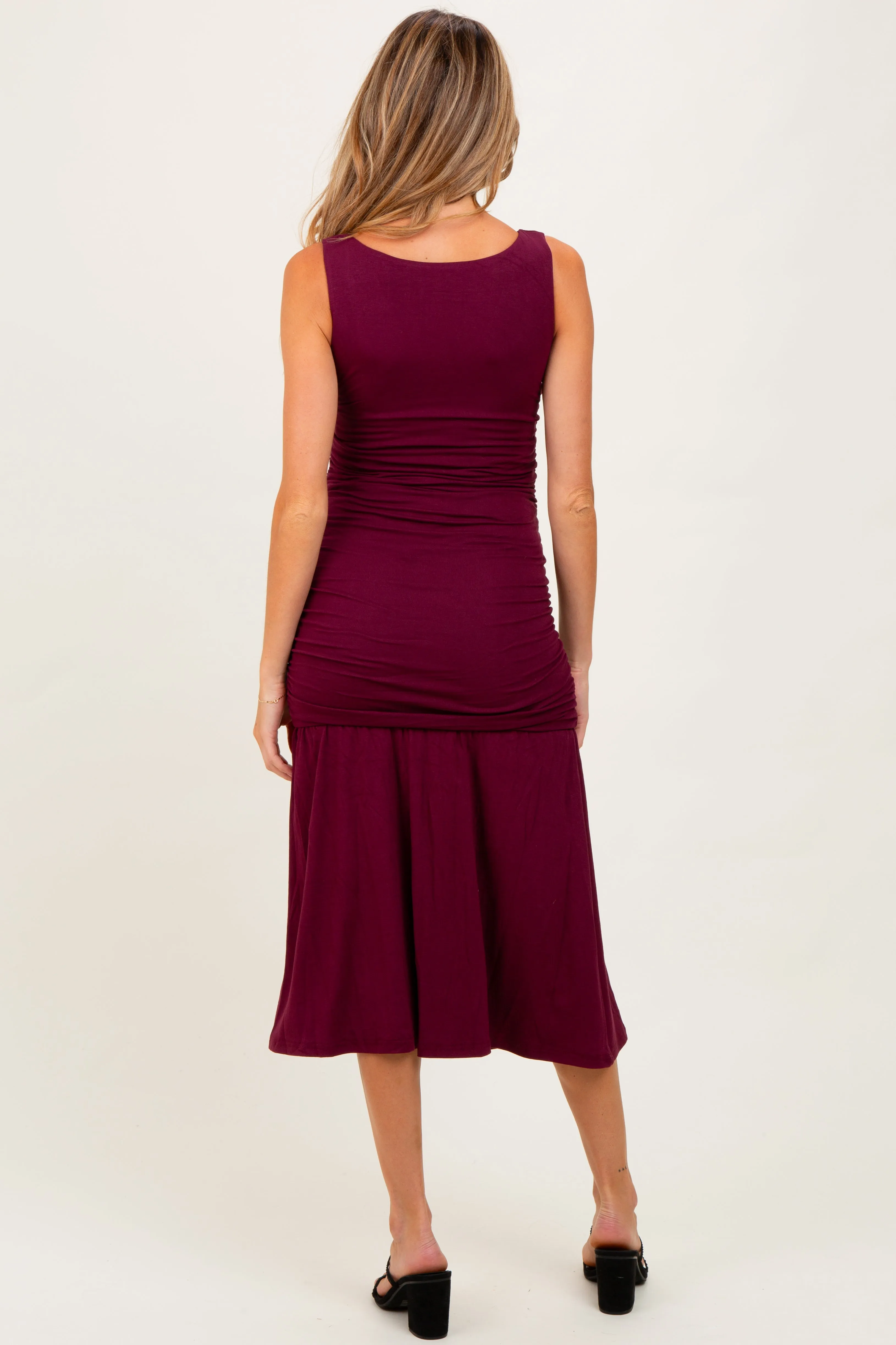 Burgundy Ruched Drop Waist Sleeveless Maternity Midi Dress sold by Pinkblush product image thumbnail 4