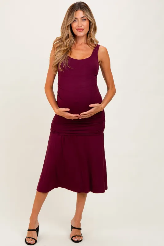 Burgundy Ruched Drop Waist Sleeveless Maternity Midi Dress sold by Pinkblush