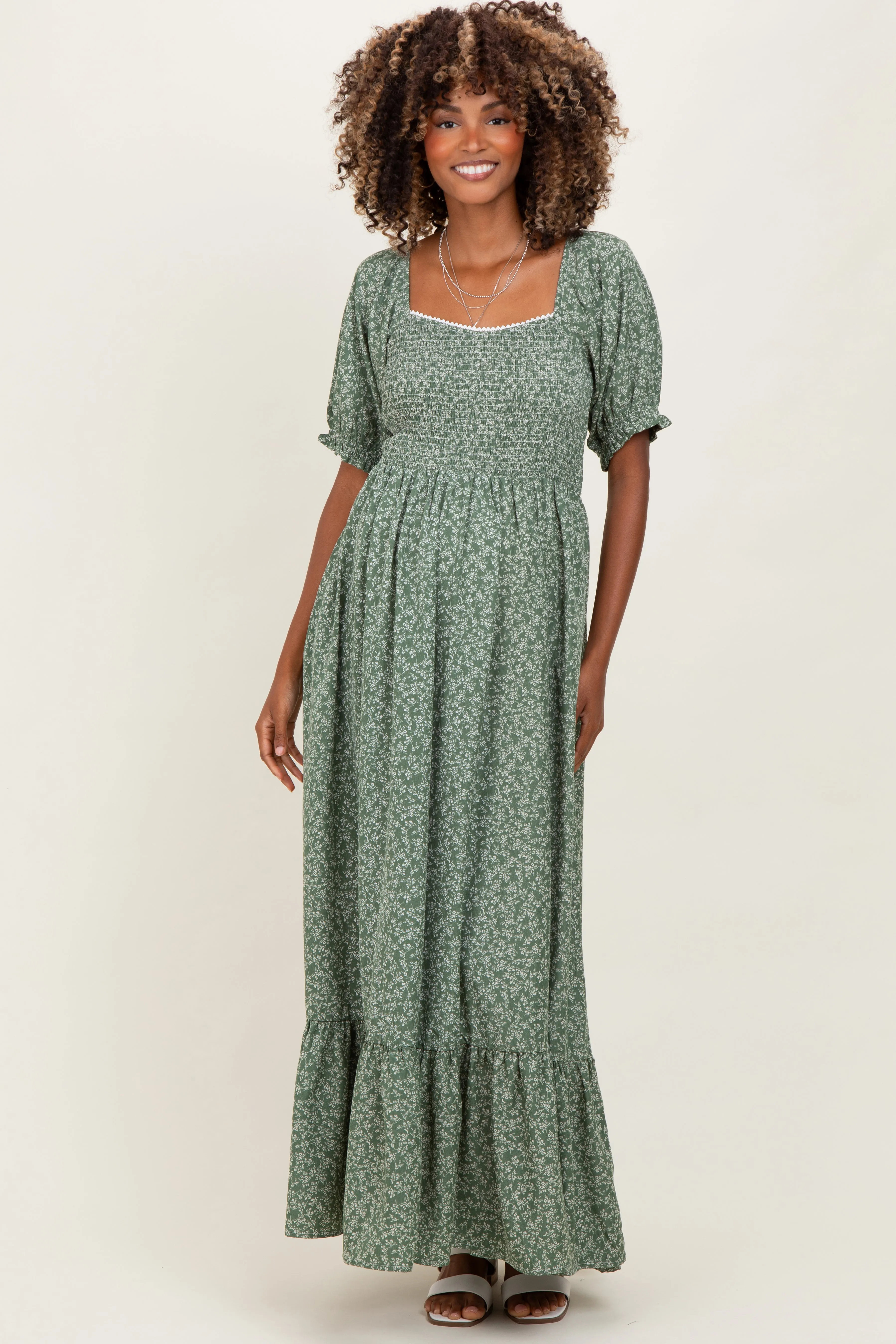 Light Olive Floral Lace Trim Smocked Maternity Maxi Dress sold by Pinkblush