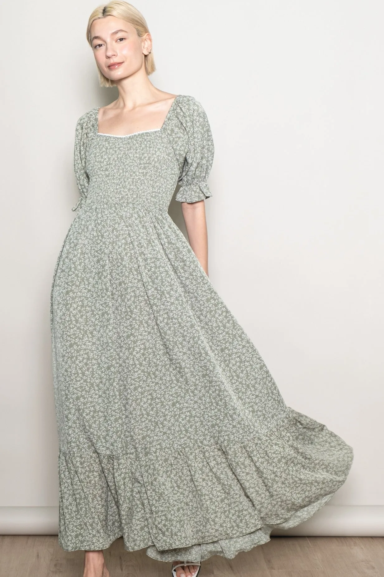 Light Olive Floral Lace Trim Smocked Maternity Maxi Dress sold by Pinkblush product image thumbnail 5