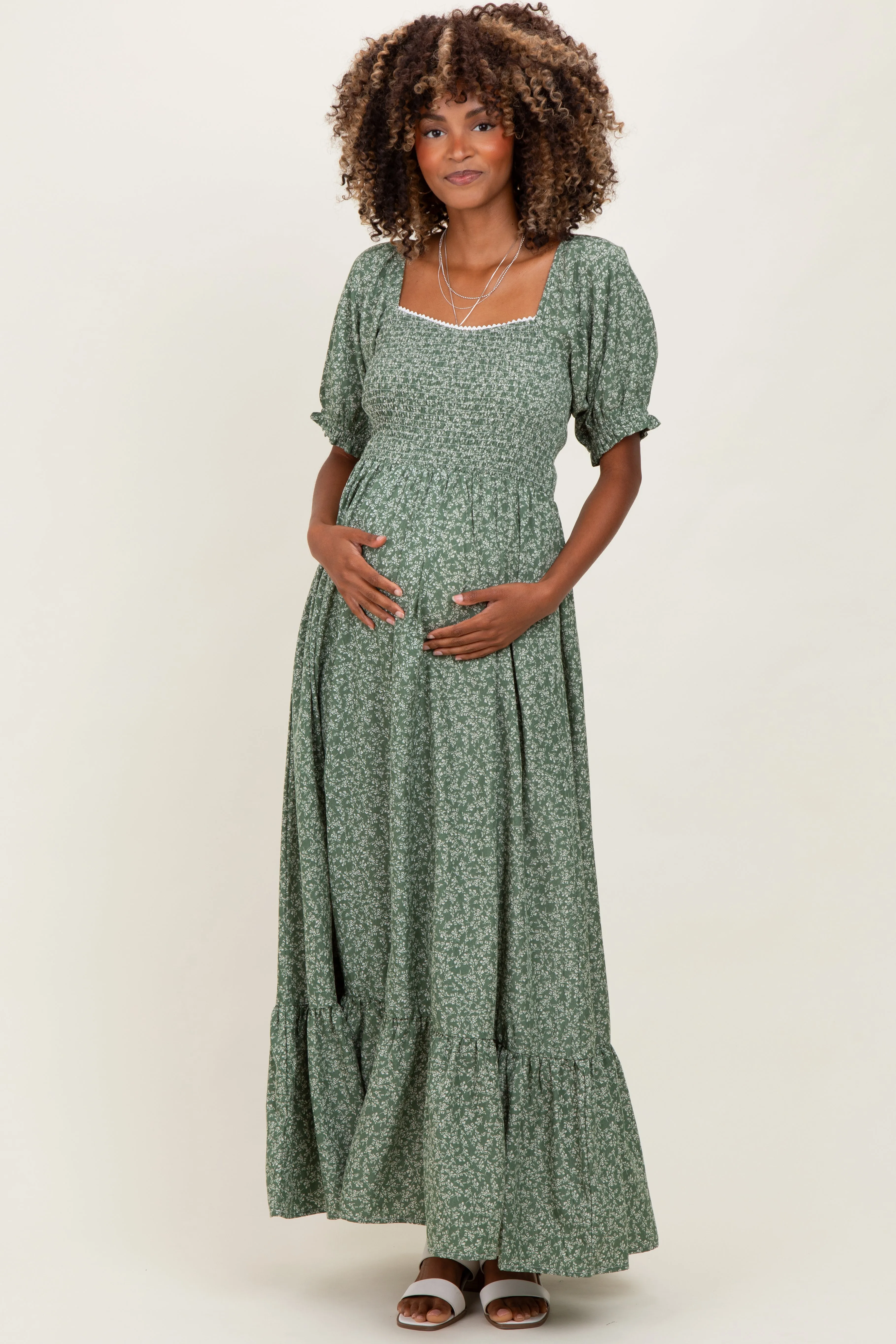 Light Olive Floral Lace Trim Smocked Maternity Maxi Dress sold by Pinkblush product image thumbnail 2