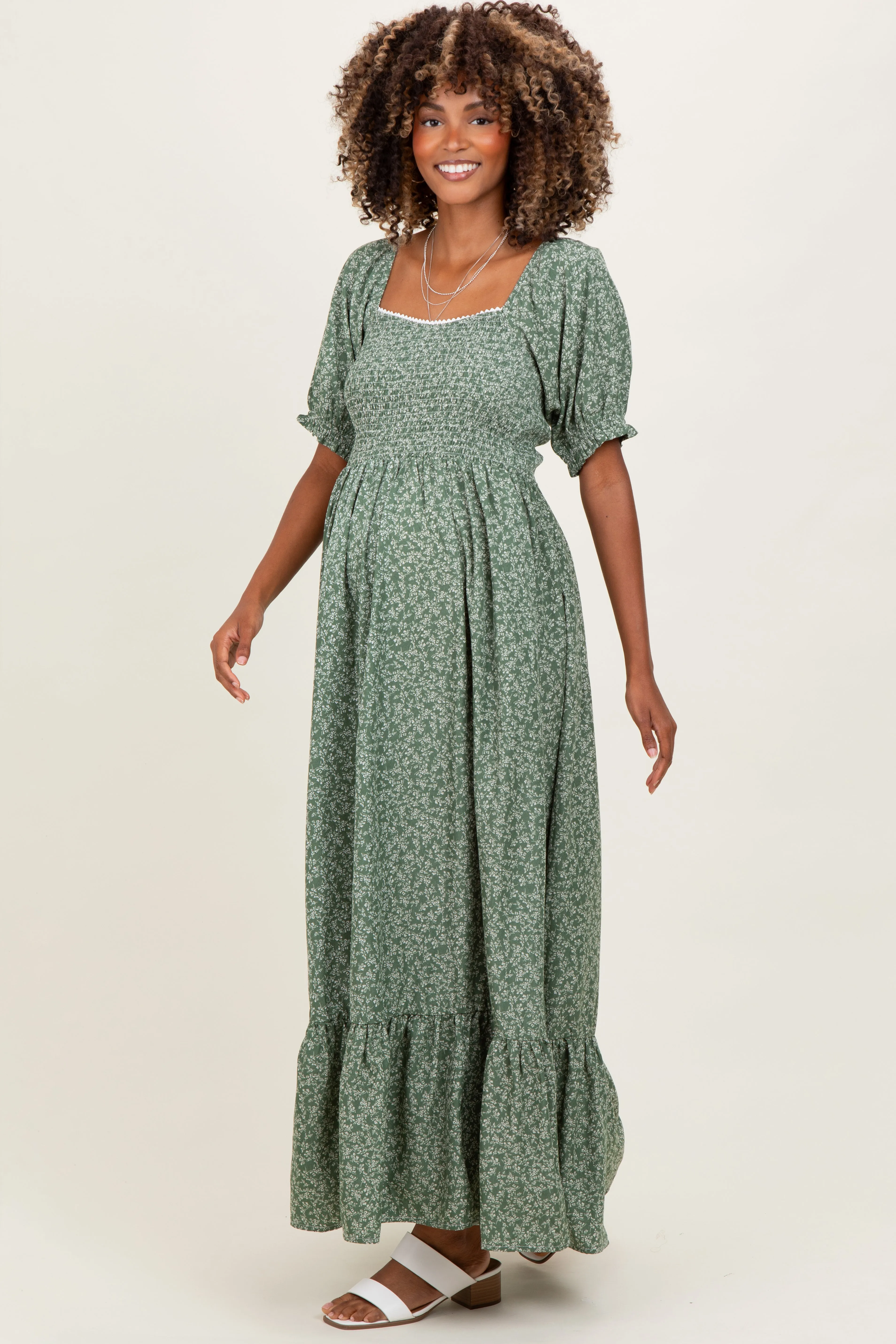 Light Olive Floral Lace Trim Smocked Maternity Maxi Dress sold by Pinkblush product image thumbnail 3