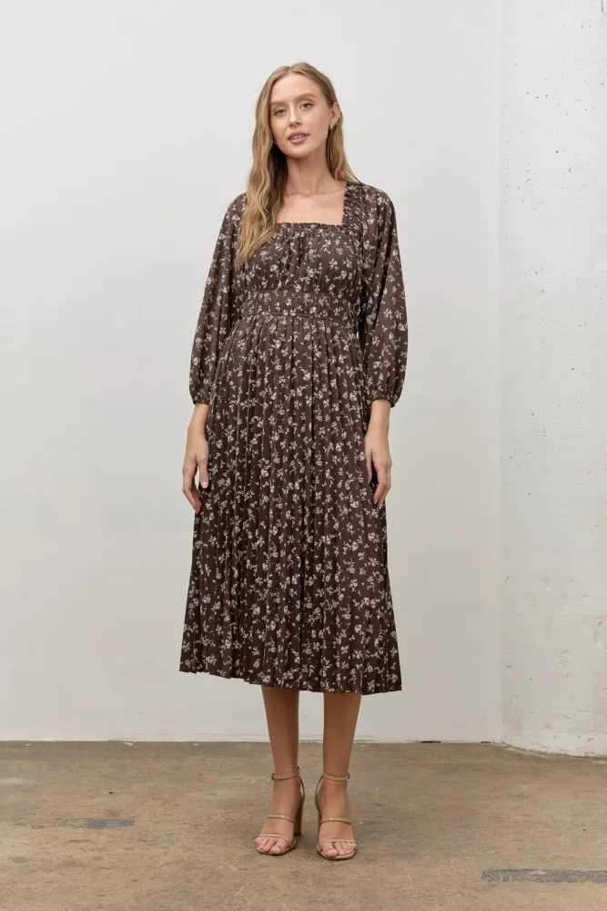 Brown Floral Long Sleeve Midi Dress sold by Pinkblush