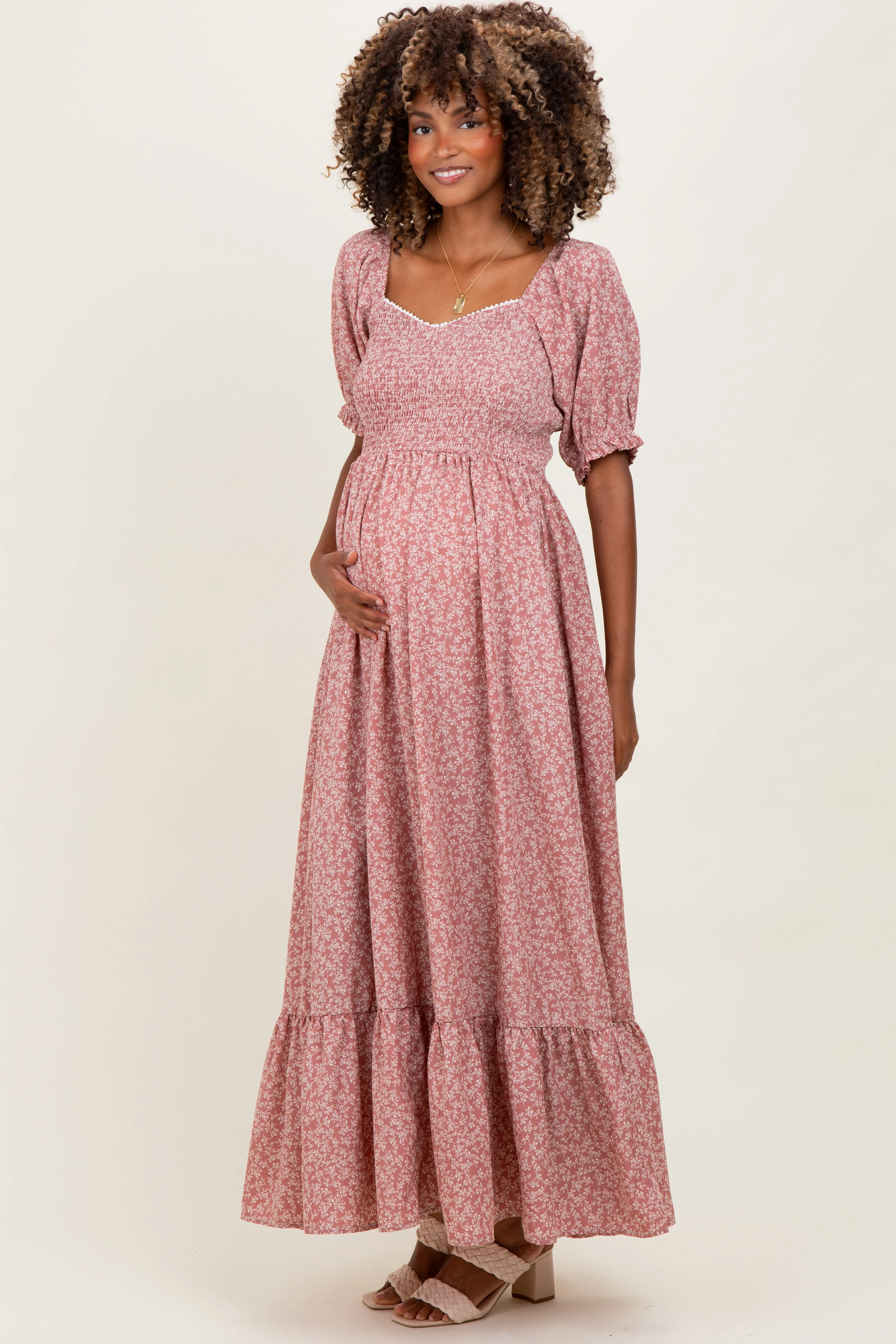 Mauve Floral Lace Trim Smocked Maternity Maxi Dress sold by Pinkblush product image thumbnail 2