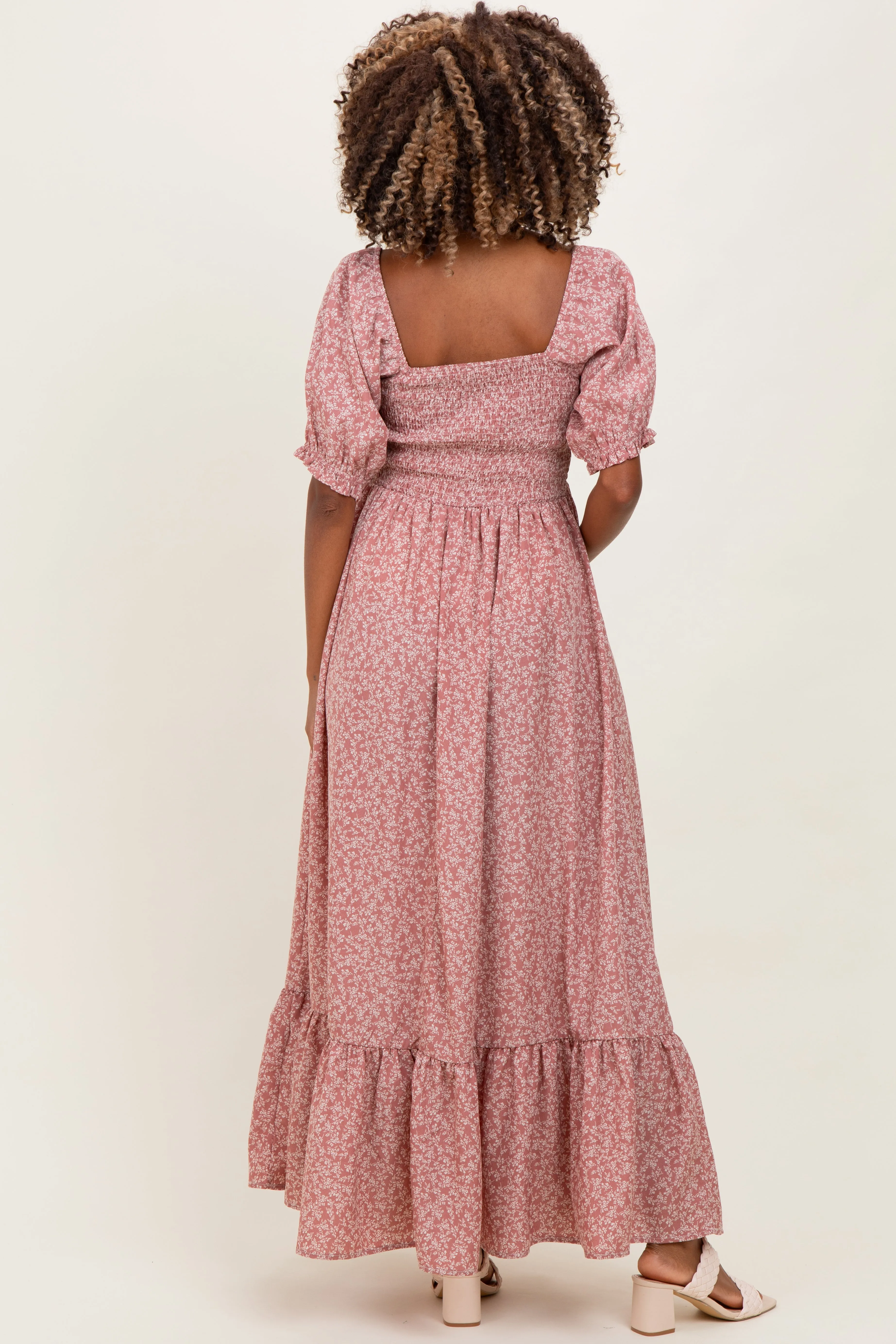 Mauve Floral Lace Trim Smocked Maternity Maxi Dress sold by Pinkblush product image thumbnail 3