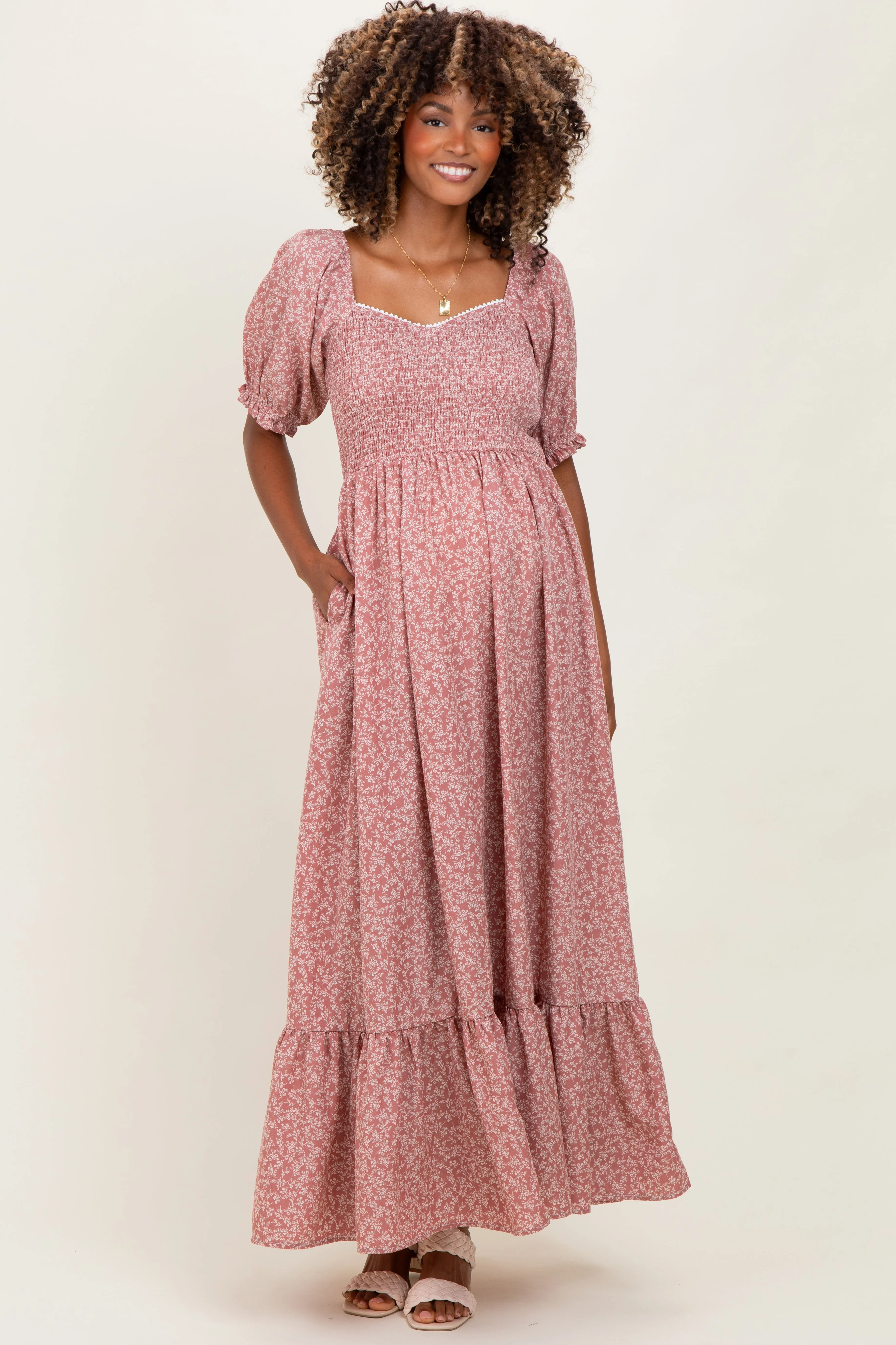 Mauve Floral Lace Trim Smocked Maternity Maxi Dress sold by Pinkblush