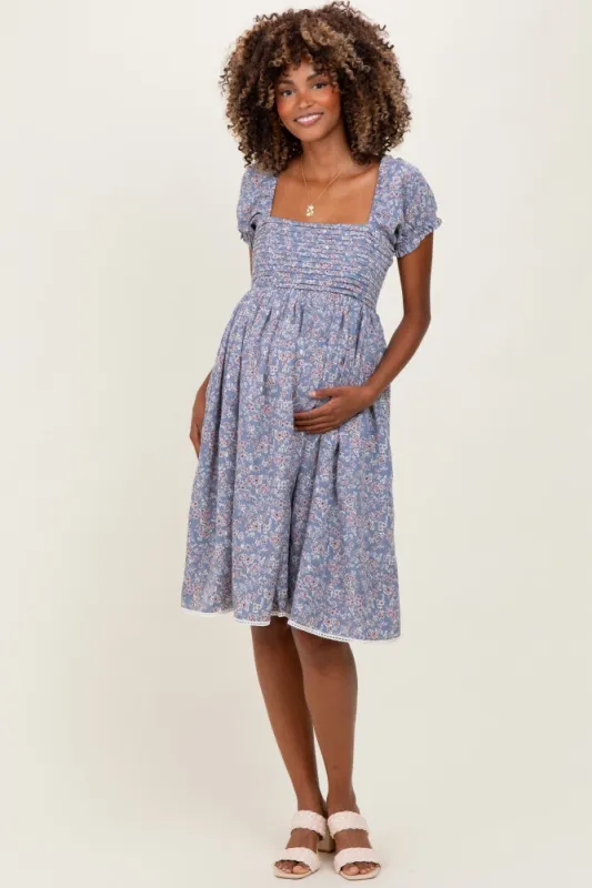 Blue Floral Pleated Bodice Puff Sleeve Maternity Dress sold by Pinkblush