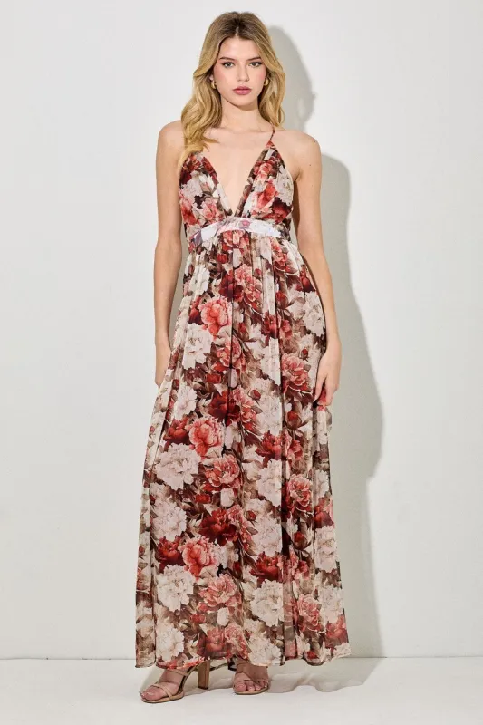 Burgundy Floral Deep V-Neck Open Back Maxi Dress sold by Pinkblush