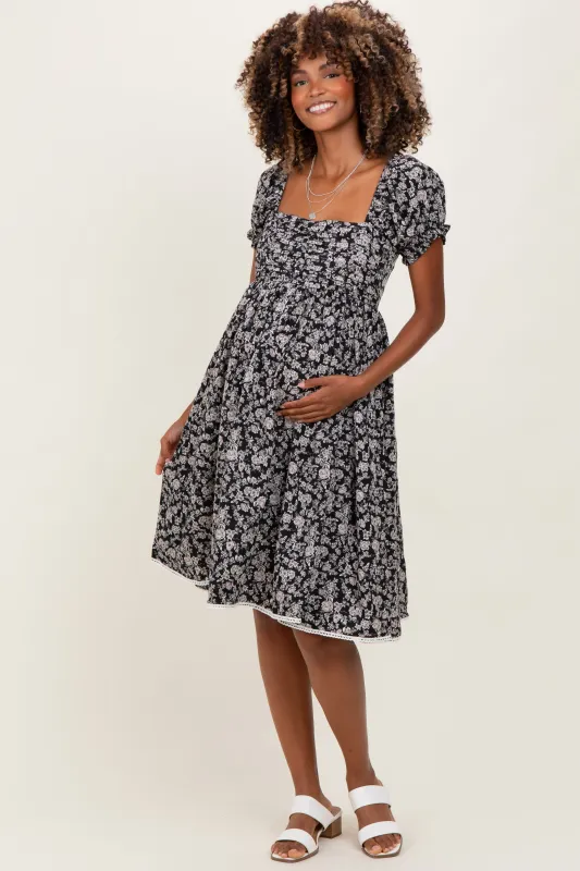 Black Floral Pleated Bodice Puff Sleeve Maternity Dress sold by Pinkblush