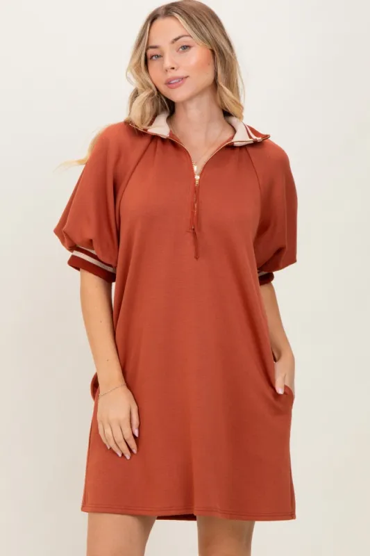 Rust Half Zip Puff Sleeve Mini Dress sold by Pinkblush