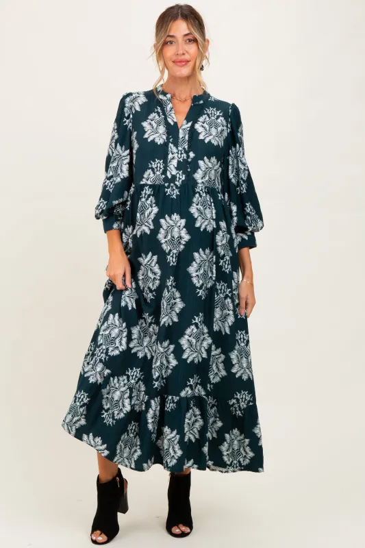 Forest Green Floral V-Neck 3/4 Sleeve Maternity Midi Dress sold by Pinkblush