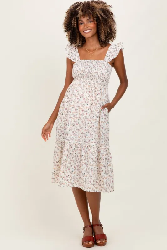 Ivory Floral Smocked Ruffle Strap Maternity Midi Dress sold by Pinkblush