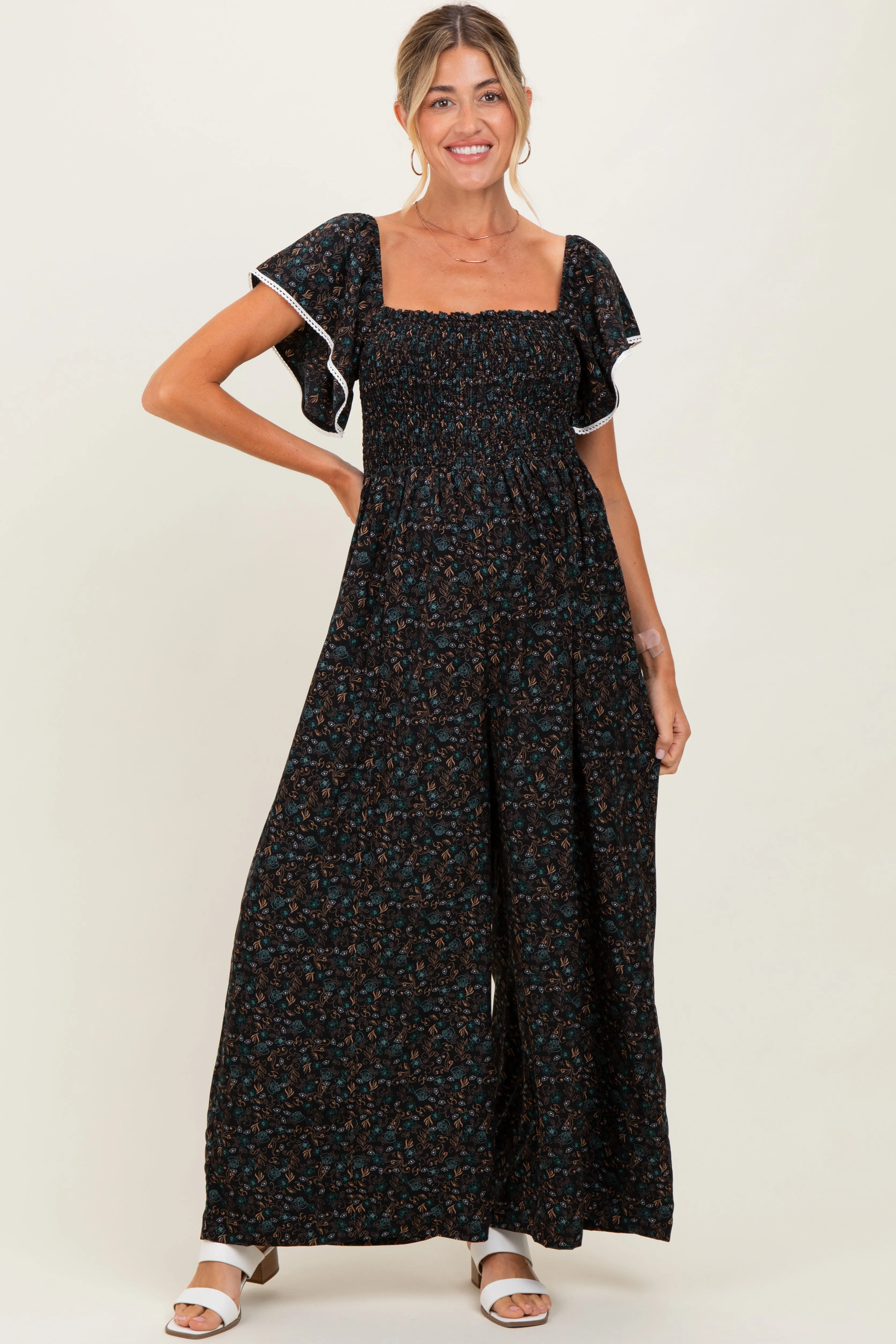 Black Floral Smocked Lace Trim Wide Leg Maternity Jumpsuit sold by Pinkblush product image thumbnail 2