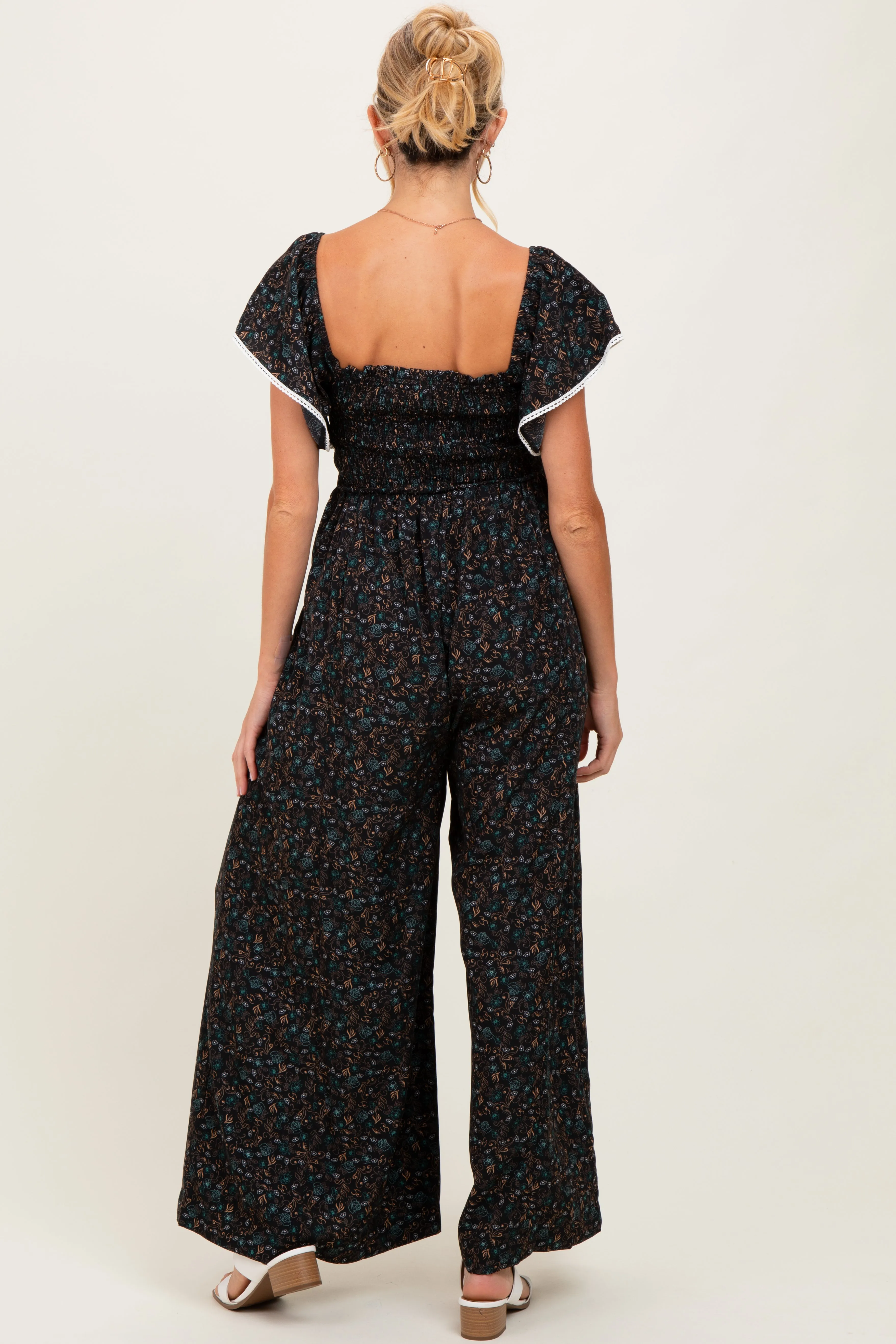 Black Floral Smocked Lace Trim Wide Leg Maternity Jumpsuit sold by Pinkblush product image thumbnail 3