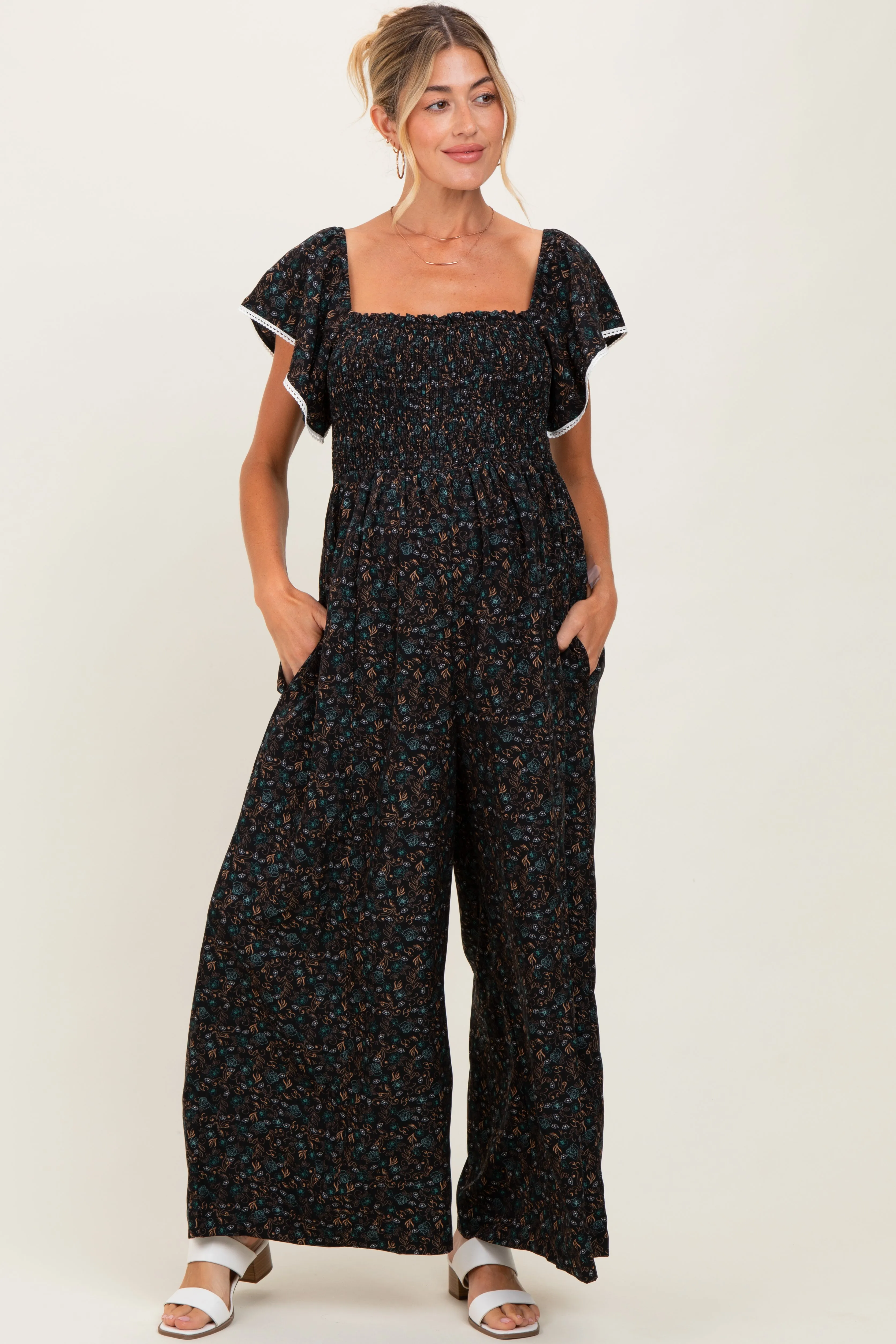 Black Floral Smocked Lace Trim Wide Leg Maternity Jumpsuit sold by Pinkblush