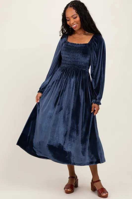 Navy Velvet Smocked Long Sleeve Maxi Dress sold by Pinkblush