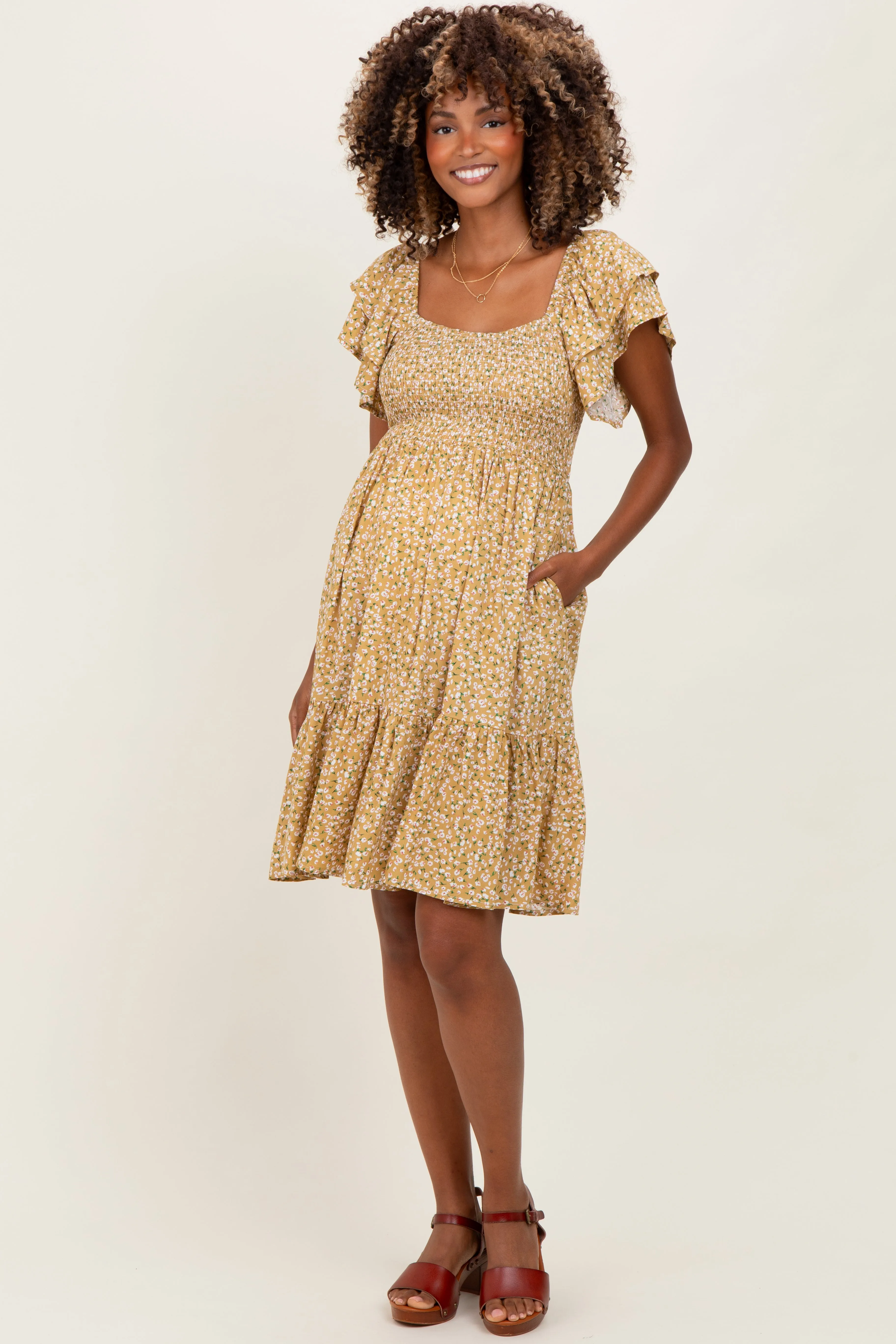 Yellow Floral Smocked Flutter Sleeve Maternity Dress sold by Pinkblush