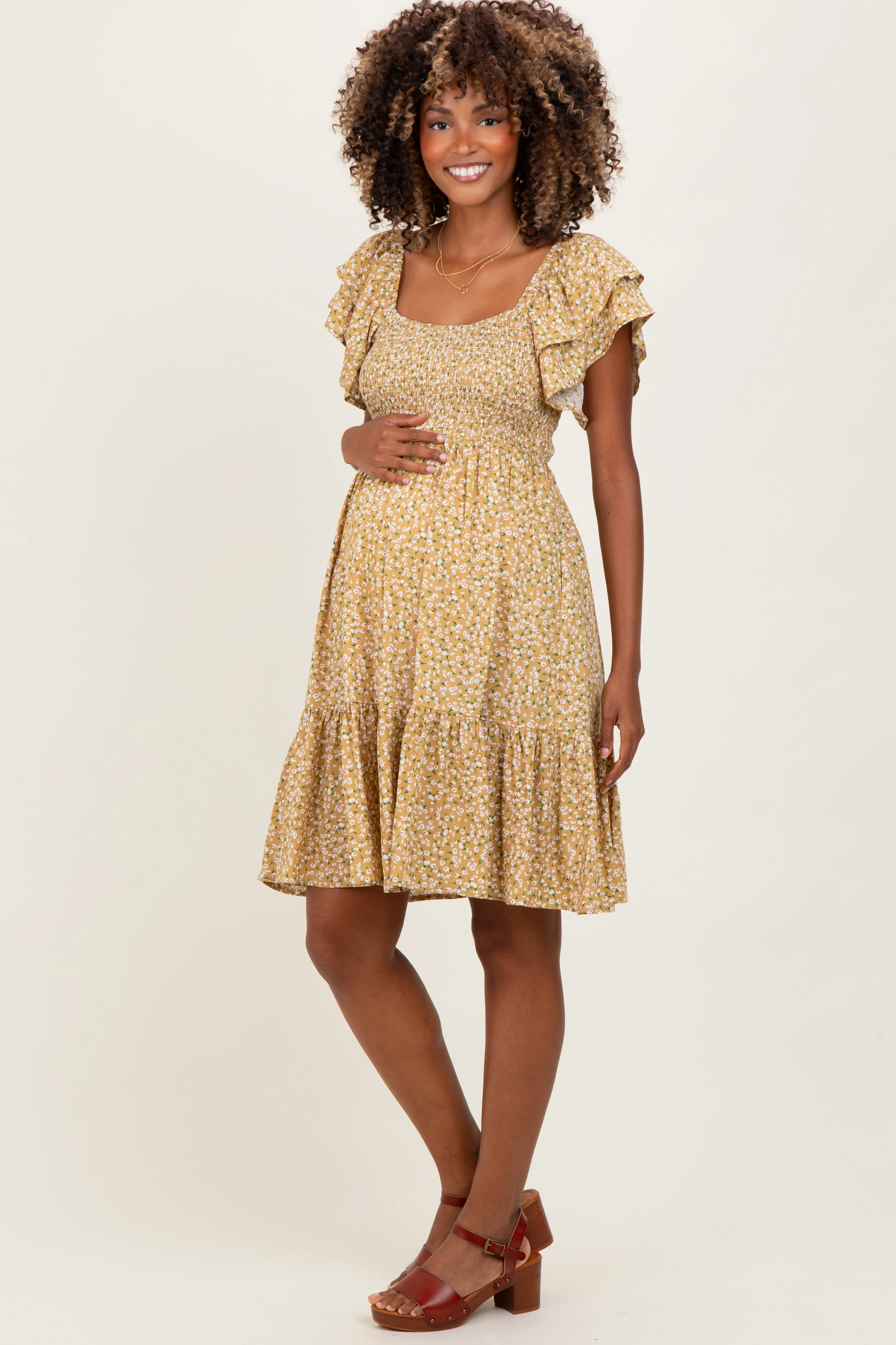 Yellow Floral Smocked Flutter Sleeve Maternity Dress sold by Pinkblush product image thumbnail 3