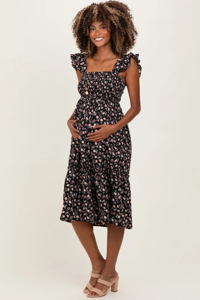Black Floral Smocked Ruffle Strap Maternity Midi Dress sold by Pinkblush product image thumbnail 3