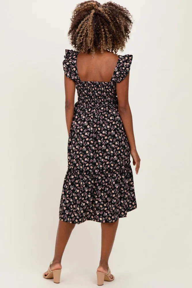 Black Floral Smocked Ruffle Strap Maternity Midi Dress sold by Pinkblush product image thumbnail 4