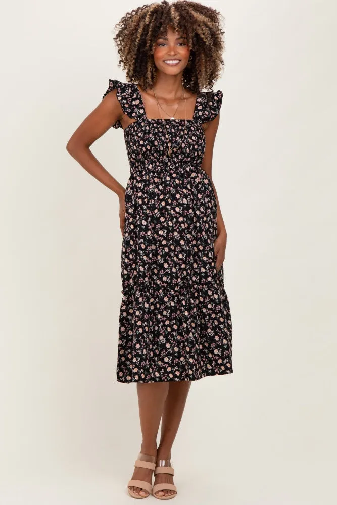 Black Floral Smocked Ruffle Strap Maternity Midi Dress sold by Pinkblush