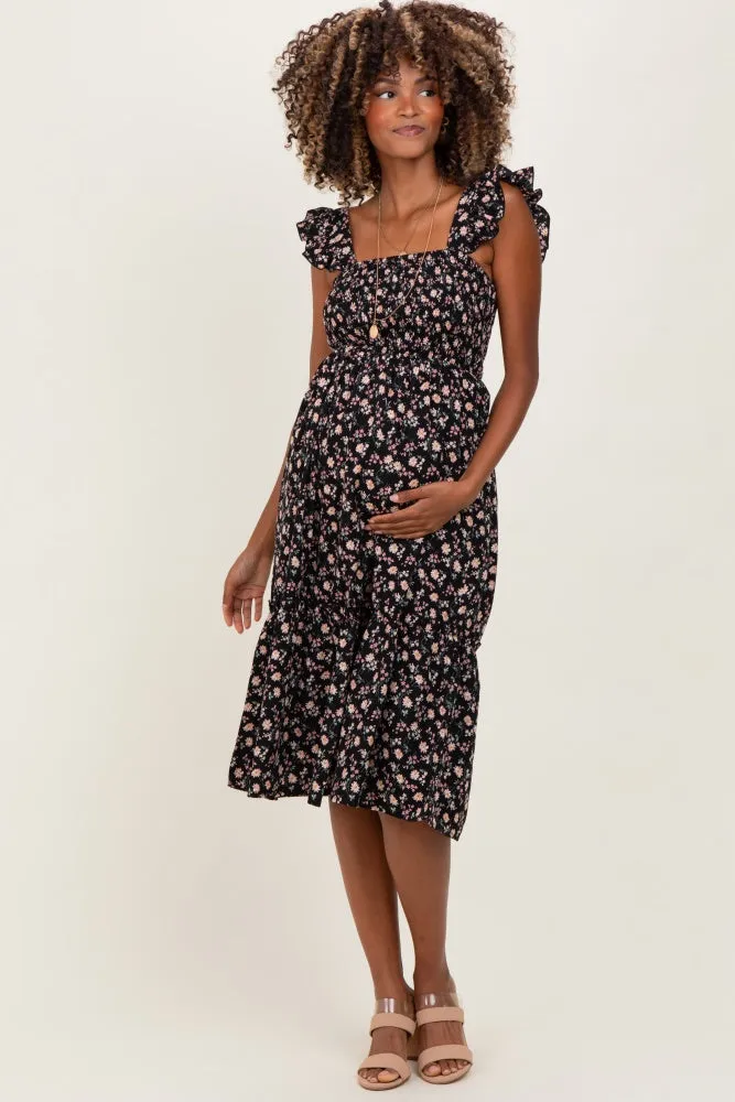 Black Floral Smocked Ruffle Strap Maternity Midi Dress sold by Pinkblush product image thumbnail 2